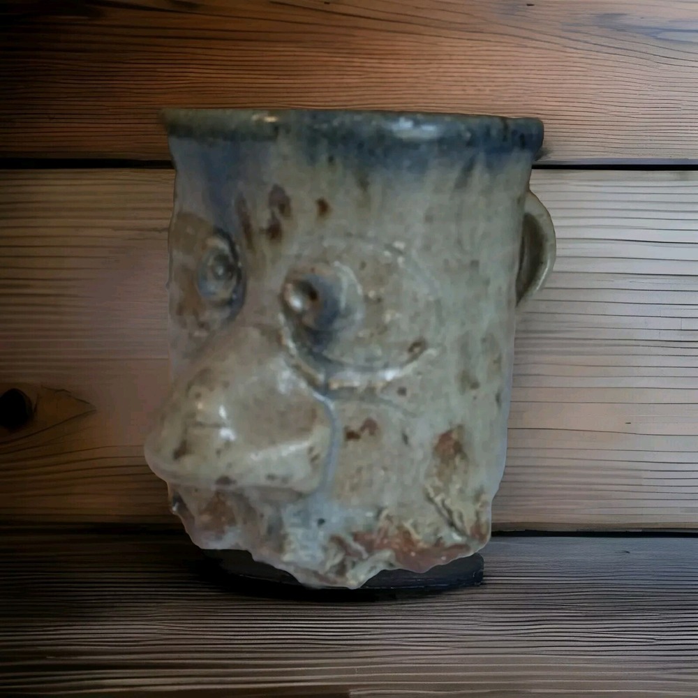 Earthenware Ugly Face Mug Handmade 3D Big Nose‎ Mustache Beady Eyes 5" Blue OOAK
